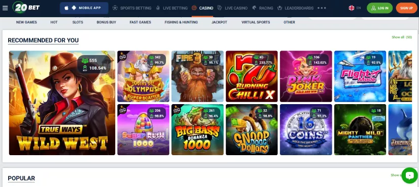 Снимка на главната страница на 20bet Casino